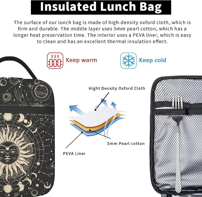 Sun and Moon Mystic Goth Witchy Black Lunch Box Reusable Insulated Totes Lunch Bag Thermal Cooler For Boy Girls School Men Women Beach Travel