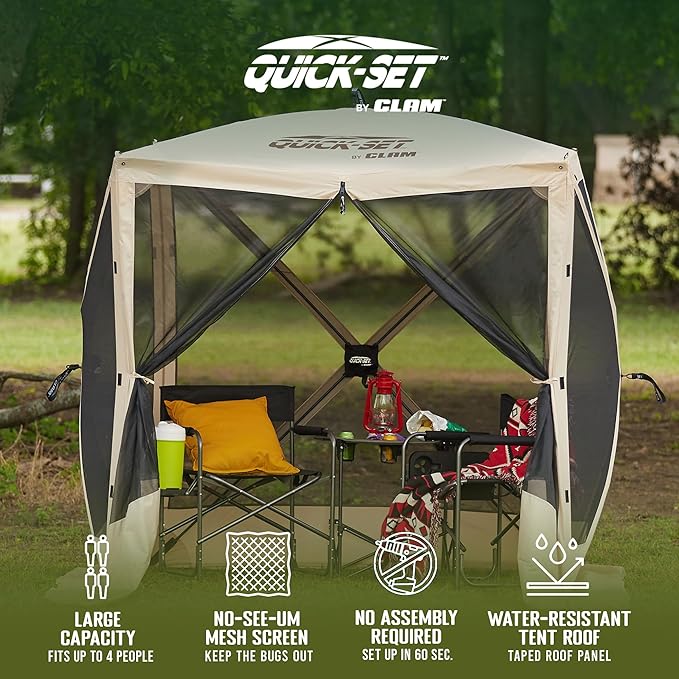 CLAM Pop Up Screen Tent, Outdoor Camping Gazebo Canopy, Traveler, 6' x 6', Tan