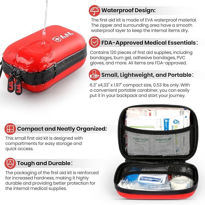 Travel First Aid Kit,120 Piece Mini First Aid Kit,Waterproof Survival First Aid Kits,Car Emergency Kit,Small Portable First Aid Kits for Car Travel Businesses Camping Sports Hiking(Red)