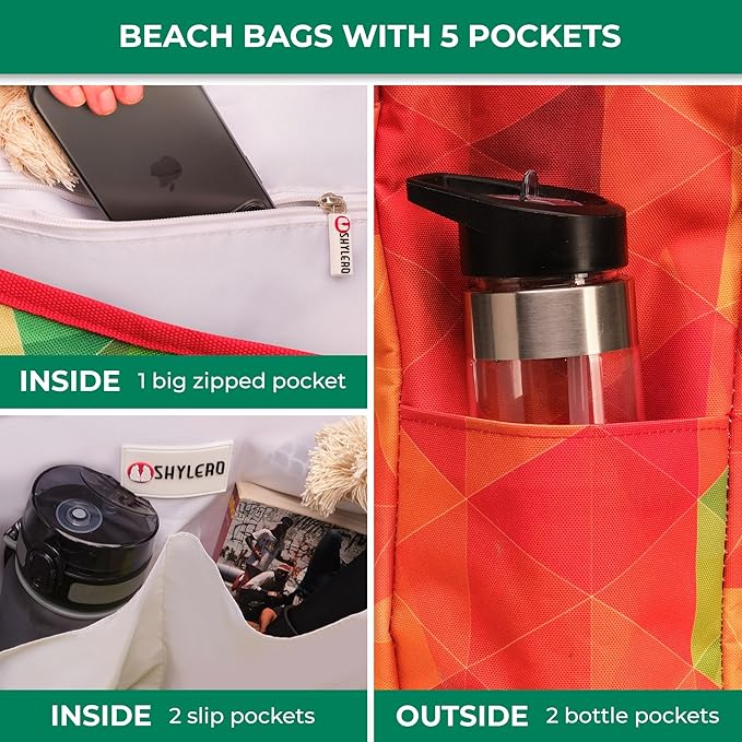SHYLERO Beach Bag and Pool Bag. Has Airtight Pouch, Ton of Pockets. Beach Tote is Zippered, Water Resistant. Family Size