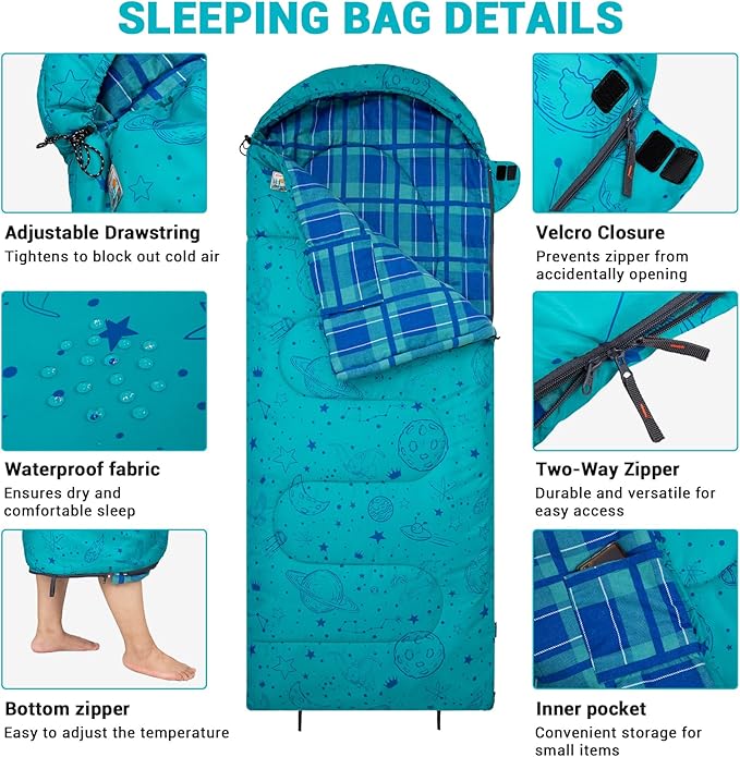 KingCamp 45°F Kids Sleeping Bag, Lightweight Waterproof & Compact Flannel Sleeping Bags Cold Weather & Warm Youth Essentials Gear Accessories for Camping, Fits 10-12 Children up to 5'5" Tall