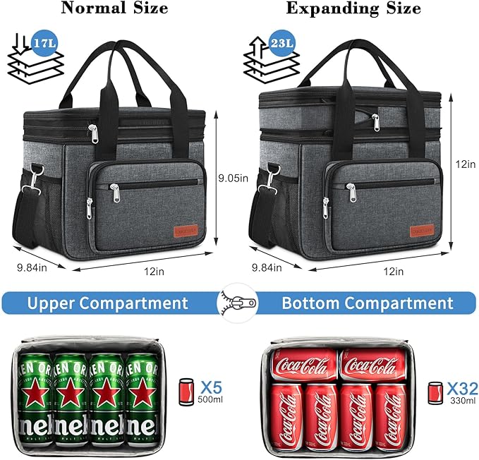 23L Extra Large Expandable Insulated Cooler Lunch Box for Men Double Deck Leakproof Heavy Duty Lunch Bag with 4 Ice Packs&2 Snack Bags for Adult/Construction/Women/Work/Picnic/Camping - Dark Gray