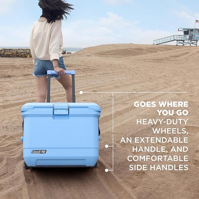 Coleman Pro 55qt Wheeled Ultra-Light Premium Hard Cooler, Extra-Thick Insulation Keeps Ice up to 5 Days, 92-Can Capacity, Heavy-Duty Wheels