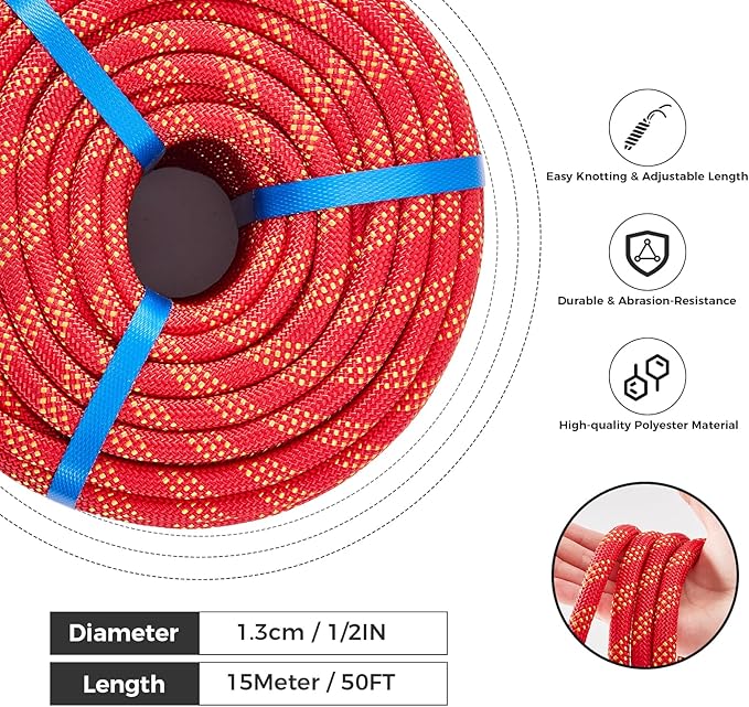 1/2 Inch 50ft Double Braided Polyester Arborist Rope, Heavy Duty Nylon Rope for Anchor, Tree Work, Cargo, Pulling, Sailing(Red)