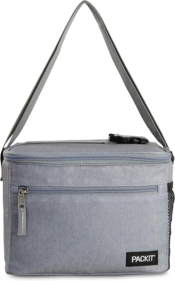 PackIt Freezable Essential Cooler, Gray Fog, Built with ECOFREEZE Technology, Fully Freezable, Collapsible, Reusable, With Adjustable Crossbody Strap, Top Clip Handle, Designed for Fresh Office