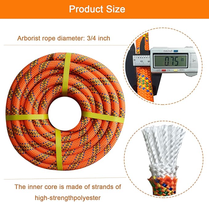 Double Braided Arborist Rope - 3/4 Inch x 100 Feet Polyester Rope - High Strength Climbing Rope for Tree Work, Halyard, Sailing (Orange)