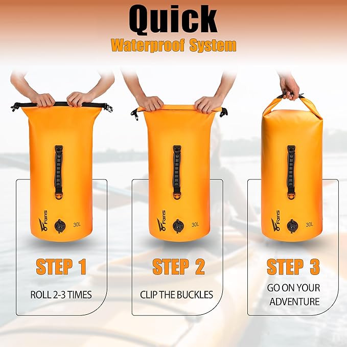 8 Fans Dry Bag Backpack Waterproof,30L Roll Top Bag with Phone Case, Perfect for Floating,Travel,Swimming,Boating,Kayaking,Camping,and Beach Activities(Air Release Valves, Orange)