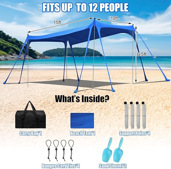 Beach Tent Sun Shelter UPF 50+ Beach Shade Canopy Pop up Tent Portable Cabana Outdoor with Aluminum Poles Sandbags Sand Shovel for Camping Fishing Trip Picnic Party