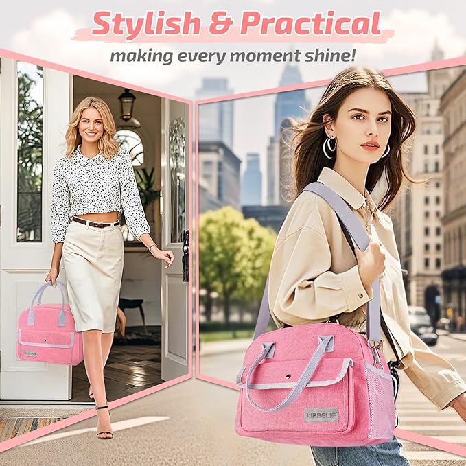 KIPBELIF Cute & Roomy Adult Lunch Box for Women – Stylish Insulated Lunch Bag with Cooling Pack, Shoulder Strap, Multi-Pockets for Work, Picnic (Standard Size) (Pink with Ice Pack)