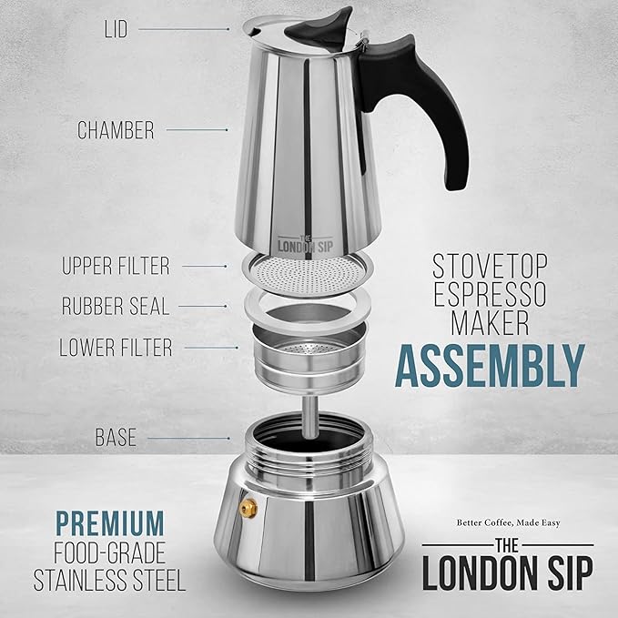 London Sip Stainless Steel Stovetop Espresso Maker Moka Pot Italian Coffee Percolator, Matte Black, Large (16.9 oz)