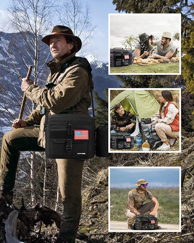 JOYHILL Tactical Lunch Box for Men, Insulated Lunch Bag with Detachable Bottle Pouch Holder, Large Durable Thermal Cooler Bag for Adult, Leakproof Bag for Work, Camping, Picnic, Black,13 L/18 Can