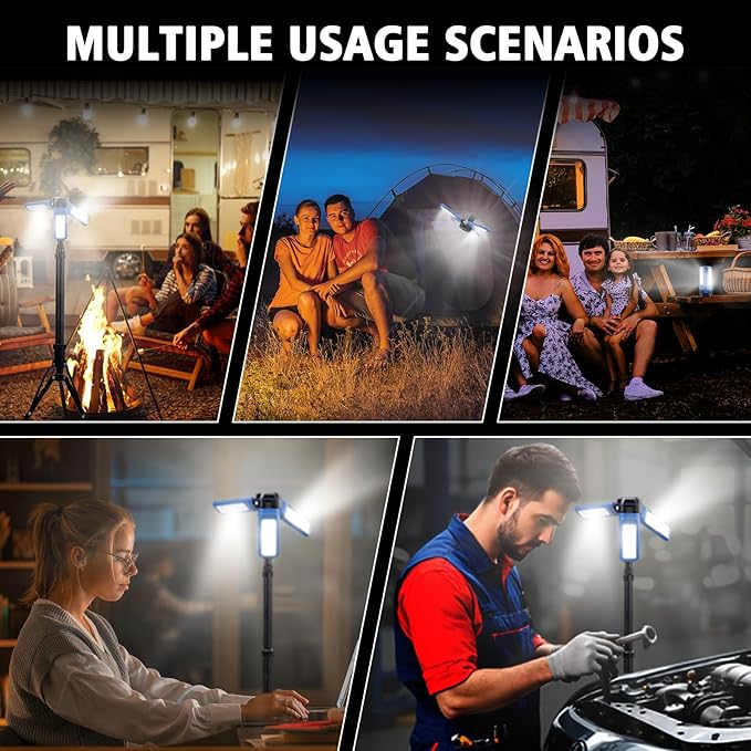 Rechargeable Solar Camping Light with Stand, Portable Cordless Work Light with 3 LED Lamp Heads, 5 Dimmable Lighting Modes, 82" Telescoping Tripod