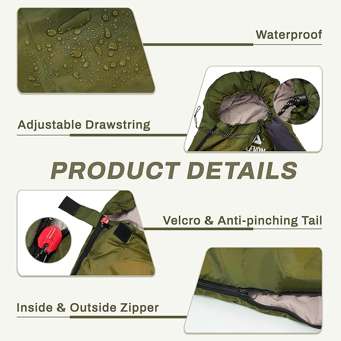 Sleeping Bag for Adults Teens Kids Cold Warm Weather, Portable Waterproof & Lightweight, Compact with Compression Sack, for 3-4 Seasons Camping, Backpacking, Hiking, Travel, Indoors Outdoors