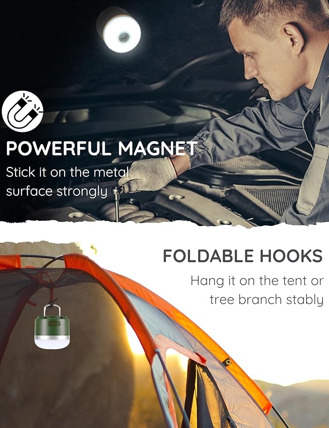 Joyzy Rechargeable LED Camping Lantern, 600lm, 3600mAh, Mini Hanging Light for Outdoor, Fishing, Car or House Emergency Kit (Green)