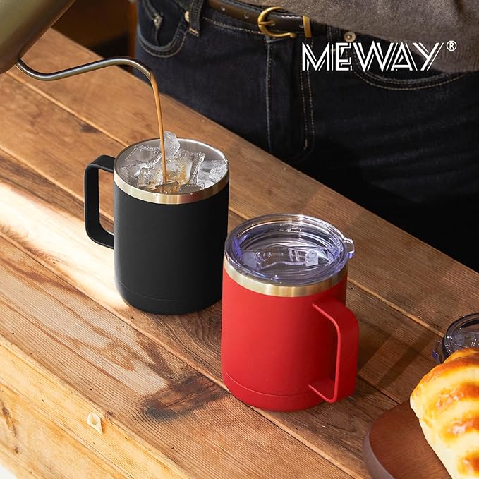 MEWAY 12oz Coffee Mug With Handle and Sliding Lid,Stainless Steel Travel Tumbler Cup with Handle,Double Wall Vacuum Insulated Camping Cup for Hot & Cold Drinks Tea (Black,Set of 1