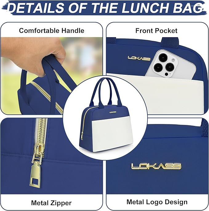 LOKASS Lunch Bag for Women-Insulated Adults Lunch Box with Front Pocket- Small Cute Lunch Tote for Work-Reusable Cooler Bag for Office Picnic Beach or Travel（Dark Blue）