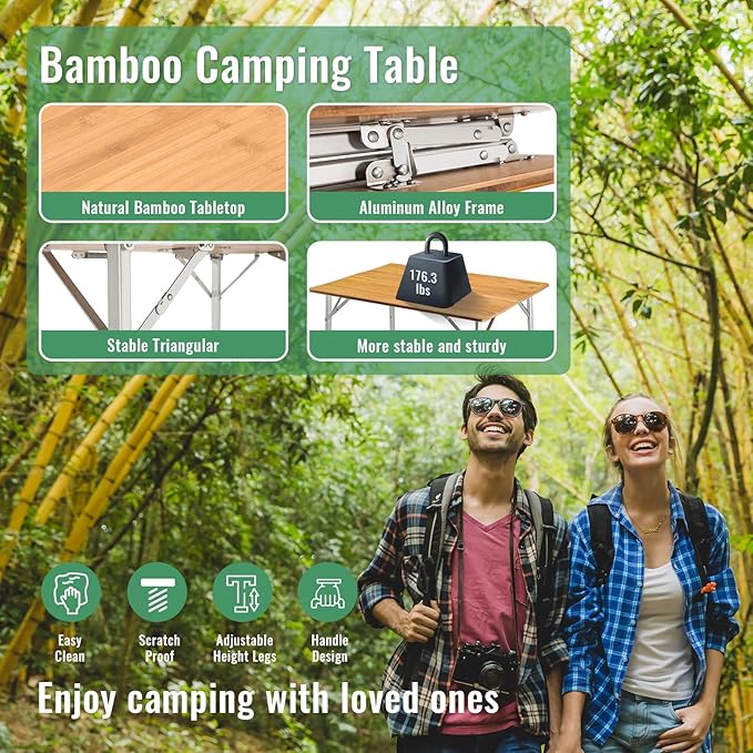 KingCamp Bamboo Folding Table Portable Camping Table Adjustable Height Camp Table 2-Folds for Travel, Picnic, Beach, Outdoor and Indoor, 4-6 People