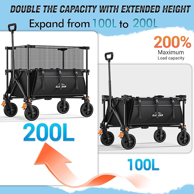 Elegear Wagon Cart Foldable Collapsible 440LBS - Adjustable Capacity from 100L to 200L - Heavy Duty Utility Beach Wagon with All-Terrain Wheels & Smallest Folding Design for Camping Sports Shopping