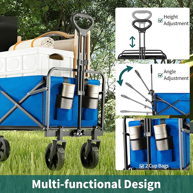 Collapsible Wagon Cart Foldable, 30" L Folding Beach Wagon with All-Terrain Wheels, Shopping Cart with 250lbs Capacity, Portable Camping Wagons Carts for Grocery Garden and Sports, Modern Blue