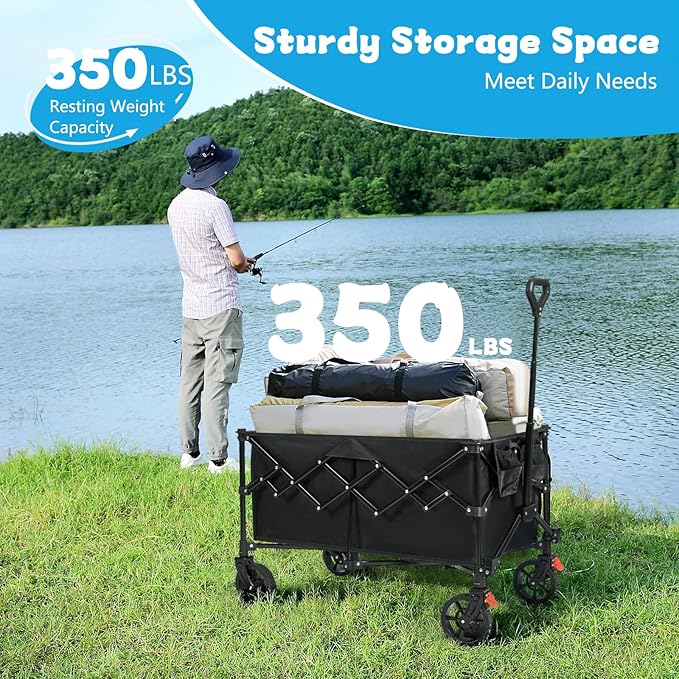 Collapsible Wagon Cart Foldable, 220L Extra Large Heavy Duty Utility Wagons with 350lbs Weight Capacity, Portable Large Capacity Garden Cart for Camping Beach Grocery Shopping, Black