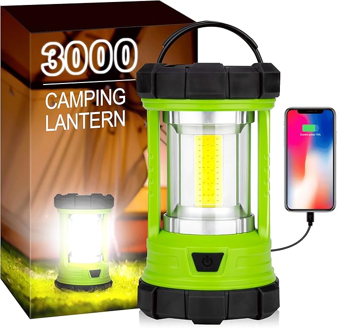 Camping Lantern, 3000LM LED Rechargeable Battery Operated Lantern, 5 Light Modes, COB Waterproof Lantern Flashlight, Camping Light for Power Outage, Hurricane, Survival, Hiking