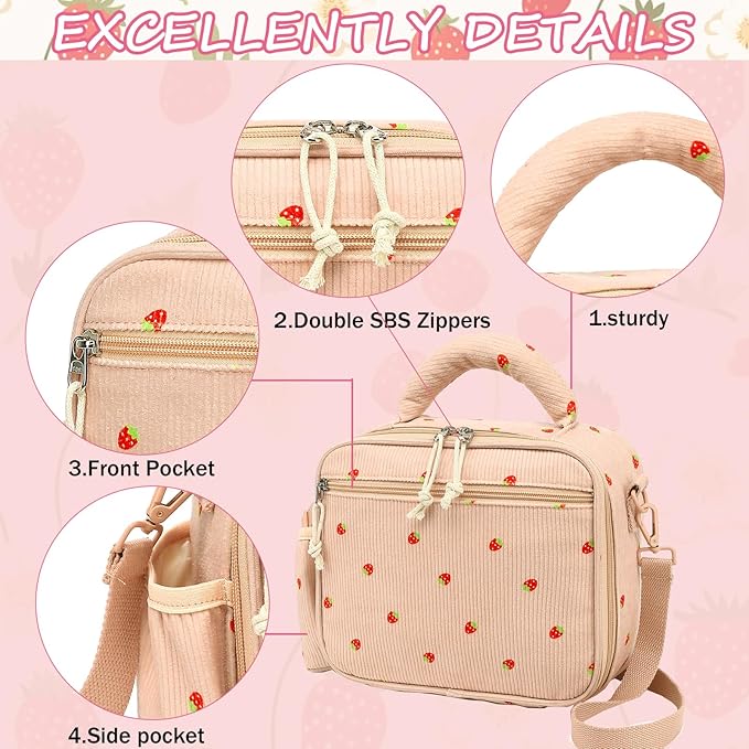 LOIDOU Lunch Box for Kids Girls Cute Corduroy Insulated Lunch Bag Thermal Meal Tote Reusable Lunch Pail Bags for School Travel ((Corduroy Strawberry Pink)