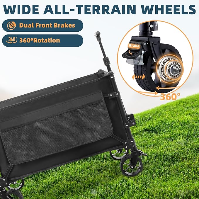 Favoyard Collapsible Wagon Carts Foldable 150L & 360LBS Portable Folding Wagons with All-Terrain Wheels & Brakes Heavy Duty Outdoor Utility Cart for Beach Grocery Camping Shopping Sports Garden, Black