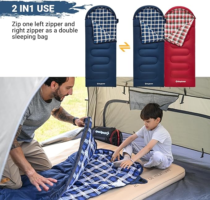 KingCamp 45°F Kids Sleeping Bag, Lightweight Waterproof & Compact Flannel Sleeping Bags Cold Weather & Warm Youth Essentials Gear Accessories for Camping, Fits 10-12 Children up to 5'5" Tall
