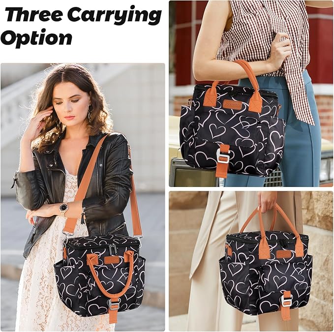 Joymee Large Insulated Lunch Bag for Women Adults, Reusable Waterproof Lunch Box for Work Picnic Camping, Small Lunch Cooler Leakproof Tote with Side Pocket Adjustable Shoulder Strap - Love Heart