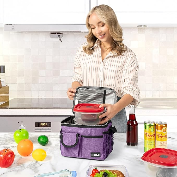 opux Insulated Lunch Bag for Men Women, Leakproof Heather Purple Lunch Box for Work, Portable Soft Lunch Cooler Bag with Shoulder Strap, Adult Lunchbox Lunch Pail for Kid Boy Girl School, 14 Can/8L