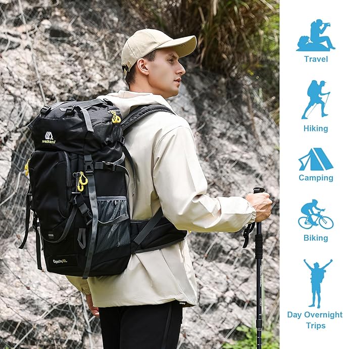 ShowyLive 60L Hiking Backpack for Men/Women - Lightweight Waterproof Travel Backpack with Rain Cover, Multi-Compartments, Adjustable Straps - Large Camping Bag for Outdoor Adventures (Black)