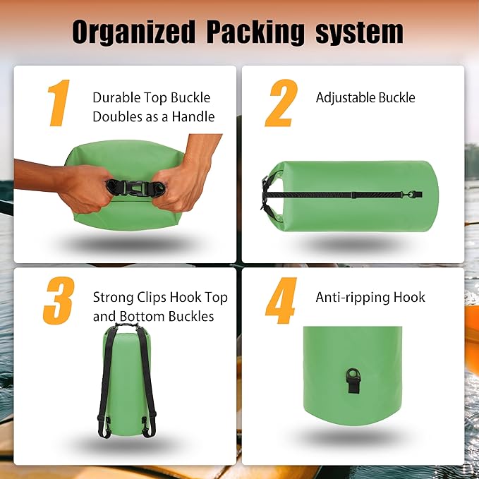 8 Fans Dry Bag Backpack Waterproof,50L Roll Top Bag with Phone Case, Perfect for Floating,Travel,Swimming,Boating,Kayaking,Camping,and Beach Activities(No Valves, Green)