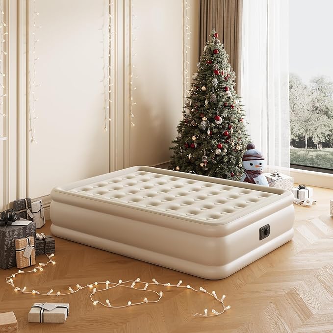 Full Size Air Mattress with Built in Pump, Air Bed with Portable Storage Bag, 18'' Blow up Mattress Suitable for Home and Guests, Top Flocking, 18" Full Khaki