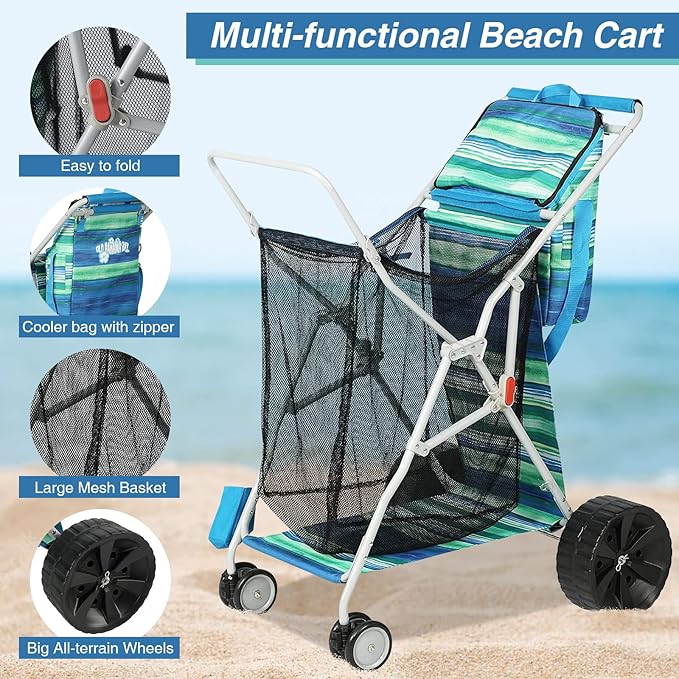 Beach Cart with Big Wheels for Sand, Collapsible All-Terrain Beach Wagon with Cooler Bag & Umbrella Holder, Large Mesh Storage, Supports 100lbs for Camping, Outdoor, Shopping, Dark Blue