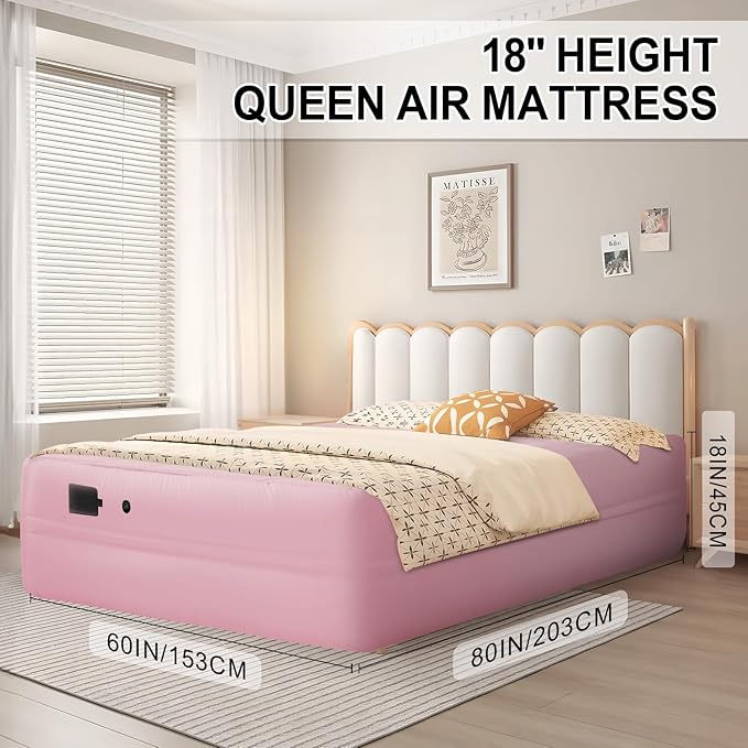 Queen Air Mattress with Built-in Rechargeable Battery Pump, Cooling Pongee Fabric Material, Waterproof & Leakproof Air Mattress Queen, Camping Airbed, (18", Pink)