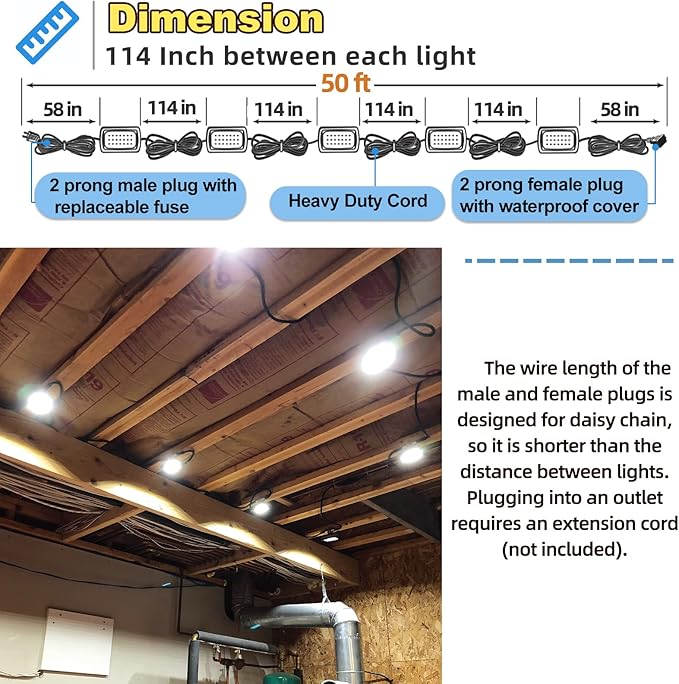 Owleye 50FT Led Work Light 85W 8000LM Waterproof Construction String Lights Linkable Temporary Work Lighting Outdoor Indoor Worklight (5 Light Heads)