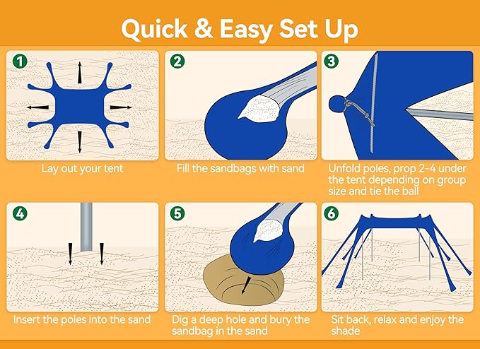 Beach Tent, Beach Canopy Sun Shade with UPF50+ UV Protection, 10x10ft, Includes 8 Sandbags, Sand Shovel, Ground Pegs & 4 Stability Poles, Pop Up Sun Shelter for Camping, Picnics, Backyard Fun