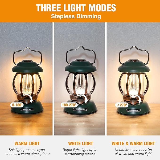 EverBrite Camping Lantern Rechargeable, Retro Metal Camping Light, 4400mAh Battery Powered Hanging Vintage Camping Lamp, 3 Light Modes, Outdoor Tent Light, Emergency Lantern for Power Outage - Green