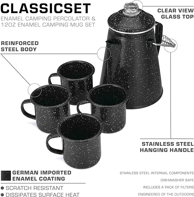 COLETTI Classic Enamel Set Coffee Percolator & Mugs — The Most Nostalgic Camping Coffee Pot, Now Modernized [Black Enamel, 12 Cup Percolator Coffee Pot & Set of 4 Mugs]