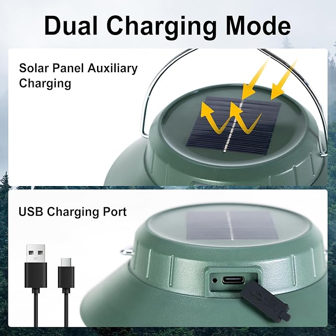 LED Camping Lantern Solar Panel and Type-C Rechargeable Tent Lanterns for Power Outages 5 Fixed Lights Models IPX4 Waterproof Hanging for Fishing Picnics Hiking Patio Garden Travel, Green