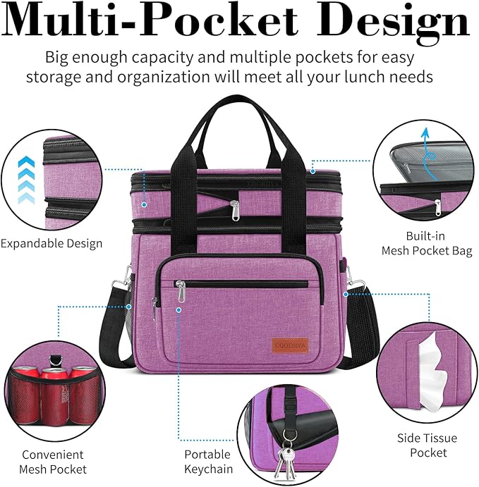 23L Extra Large Expandable Insulated Cooler Lunch Box for Men Double Deck Leakproof Heavy Duty Lunch Bag with 4 Ice Packs&2 Snack Bags for Adult/Construction/Women/Work/Picnic/Camping - Purple