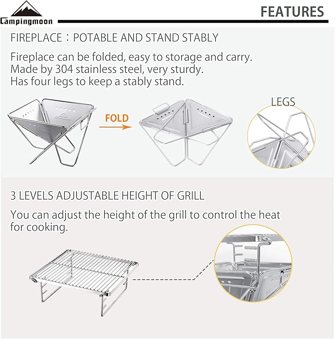 CAMPINGMOON Tabletop Small Charcoal Grill Mini Portable Fire Pit 9.65-inch Stainless Steel with Carrying Bag X-MINI-PRO