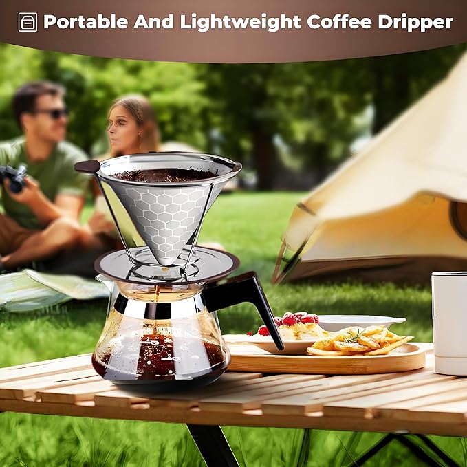 Pour Over Coffee Dripper 1-4 Cup 800 Mesh Inner Mesh Reusable Pour Over Filter Stainless Steel Coffee Strainer for Travel Coffee Dripper Easy to Clean Paperless Pour Over Coffee Maker