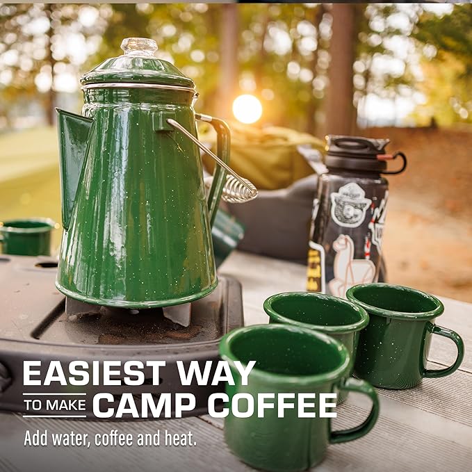 COLETTI Classic Enamel Set Coffee Percolator & Mugs — The Most Nostalgic Camping Coffee Pot, Now Modernized [Green Enamel, 12 Cup Percolator Coffee Pot & Set of 4 Mugs]