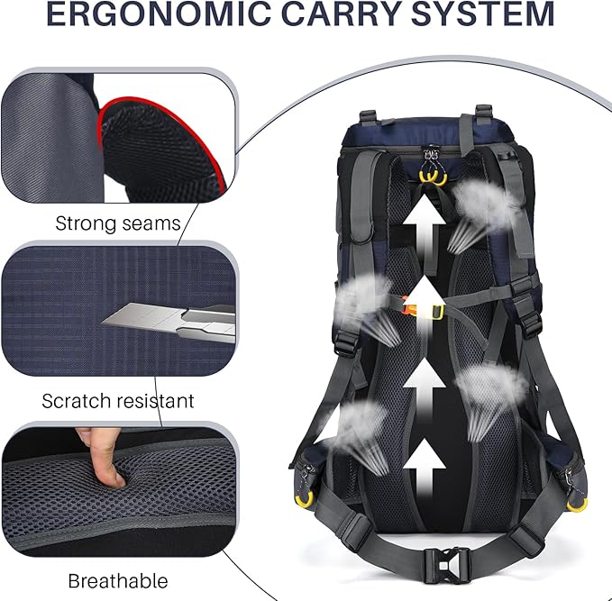 ShowyLive 60L Waterproof Hiking and Camping Backpack for Men - Durable, Lightweight Large Hiking Backpack with Rain Cover, Multi Compartments, and Adjustable Straps, Blue