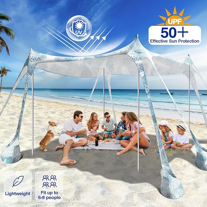 Rhino Valley Beach Tent Sun Shelter, 10x10FT Beach Canopy Tent Sun Shade UPF50+ Protection with 8 Sandbags 4 Stability Poles, Outdoor Beach Shade Canopy 6-8 People for Beach Camping Fishing