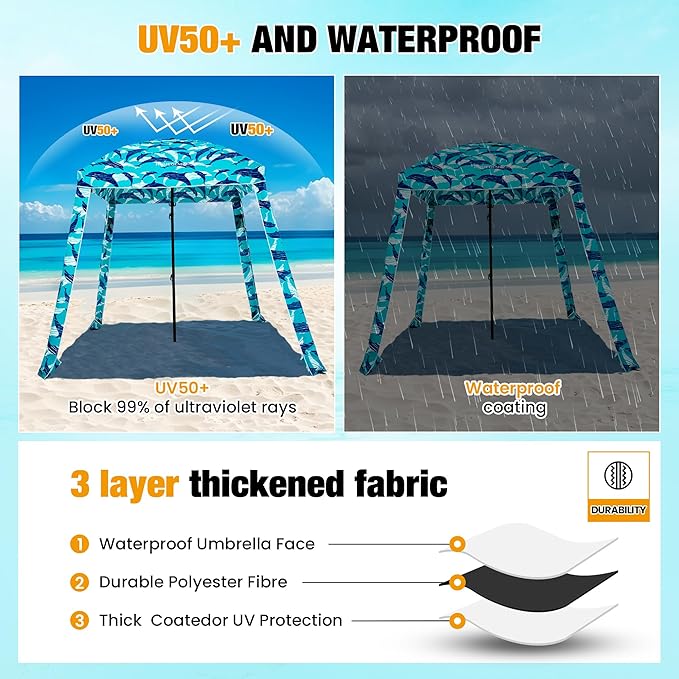 HOMEDEMO Beach Cabana UPF 50+, 6'×6' Beach Canopy, Easy Set up and Take Down, Cool Cabana Beach Tent with Sand Pockets, Side Wall Beach Shade Canopy Wind Waterproof for Kids, Family & Friends