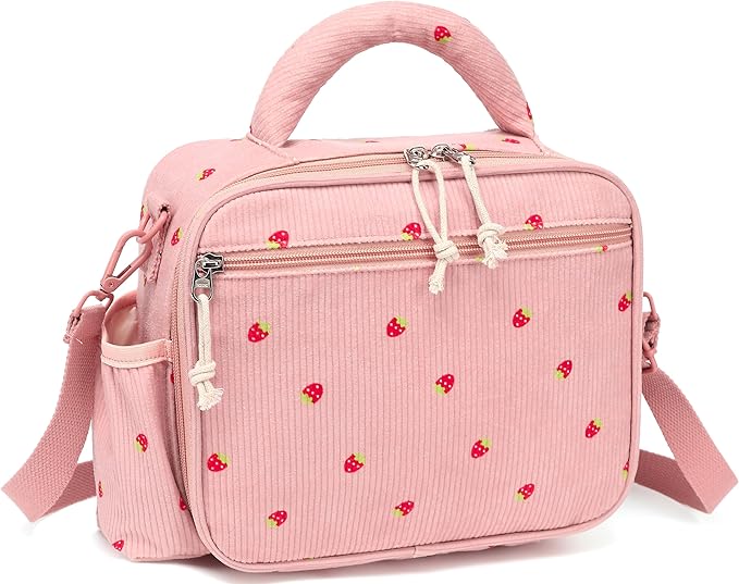 LOIDOU Lunch Box for Kids Girls Cute Corduroy Insulated Lunch Bag Thermal Meal Tote Reusable Lunch Pail Bags for School Travel ((Corduroy Strawberry Pink)