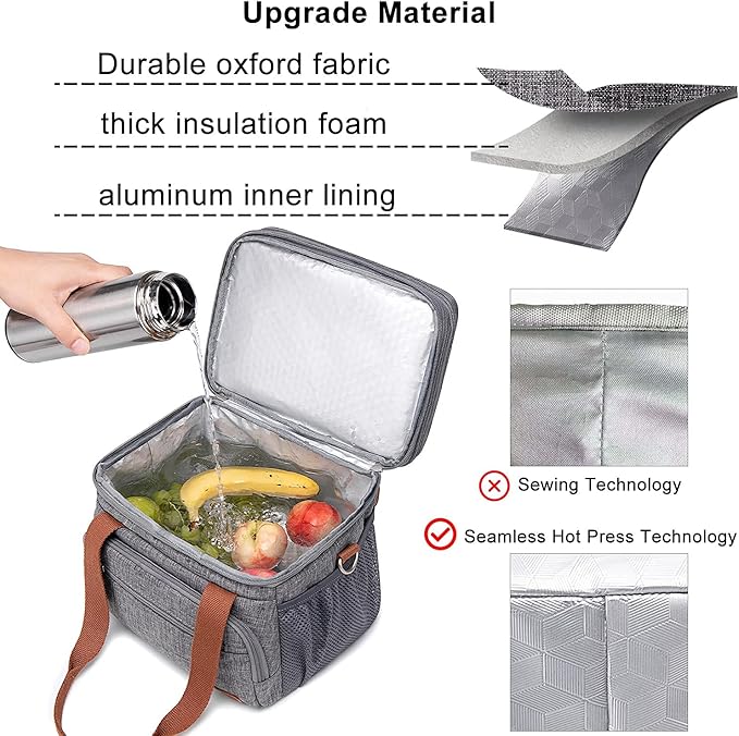 Weitars Lunch Bag for Women Men, Loncheras Para Mujer Dual Compartment Waterproof Reusable Large Lunch Box Wide-Open Cooler Tote Bag For Working Picnic Hiking (15L) (Gray(kahki))