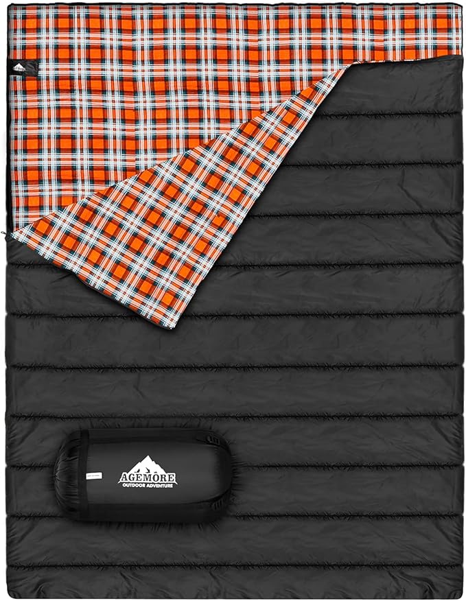 AGEMORE Cotton Flannel Double Sleeping Bag for Camping, Backpacking Or Hiking. Queen Size 2 Person Waterproof Sleeping Bag for Adults Or Teens. Lightweight with Compression Sack